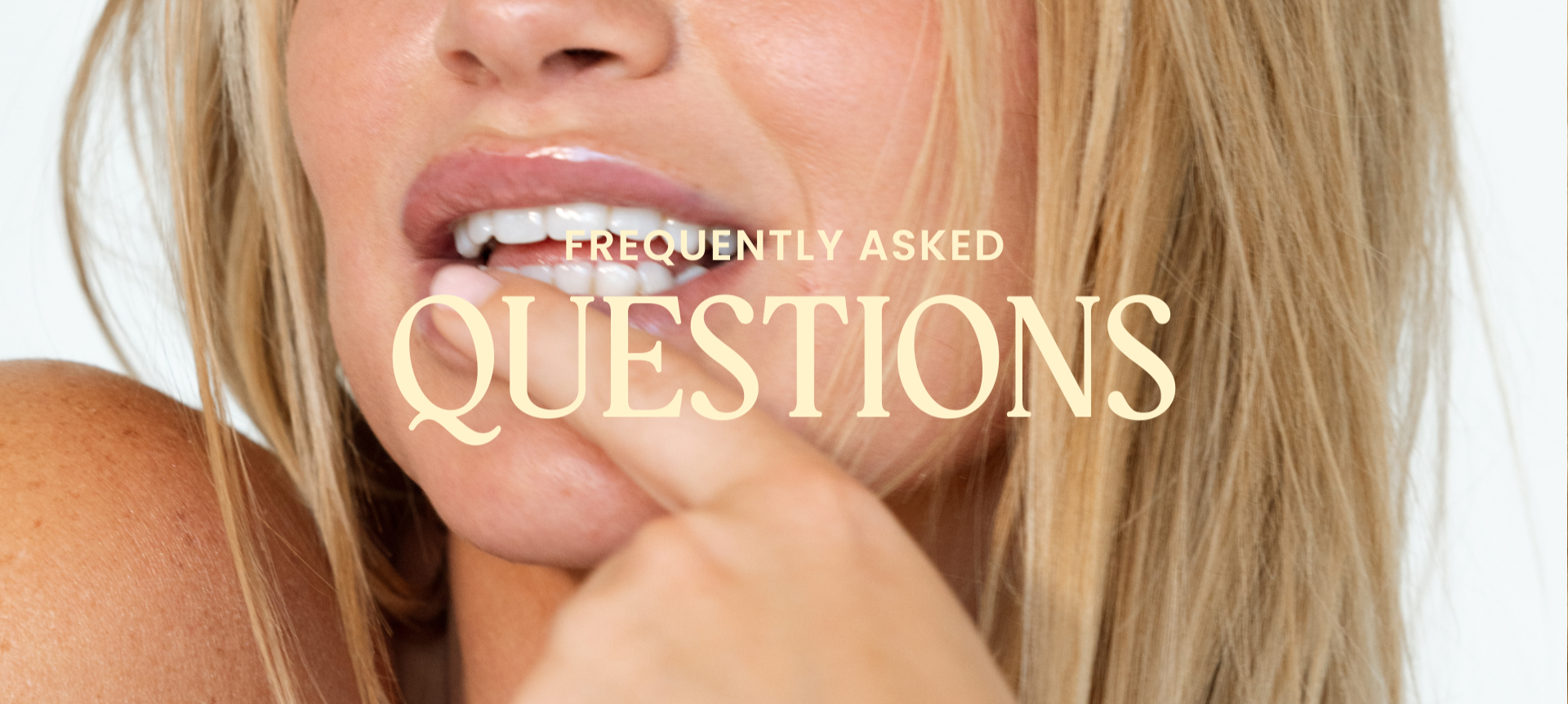 Close-up of a woman's face with blonde hair and visible teeth, featuring the text 'Frequently Asked Questions' on a beige background.